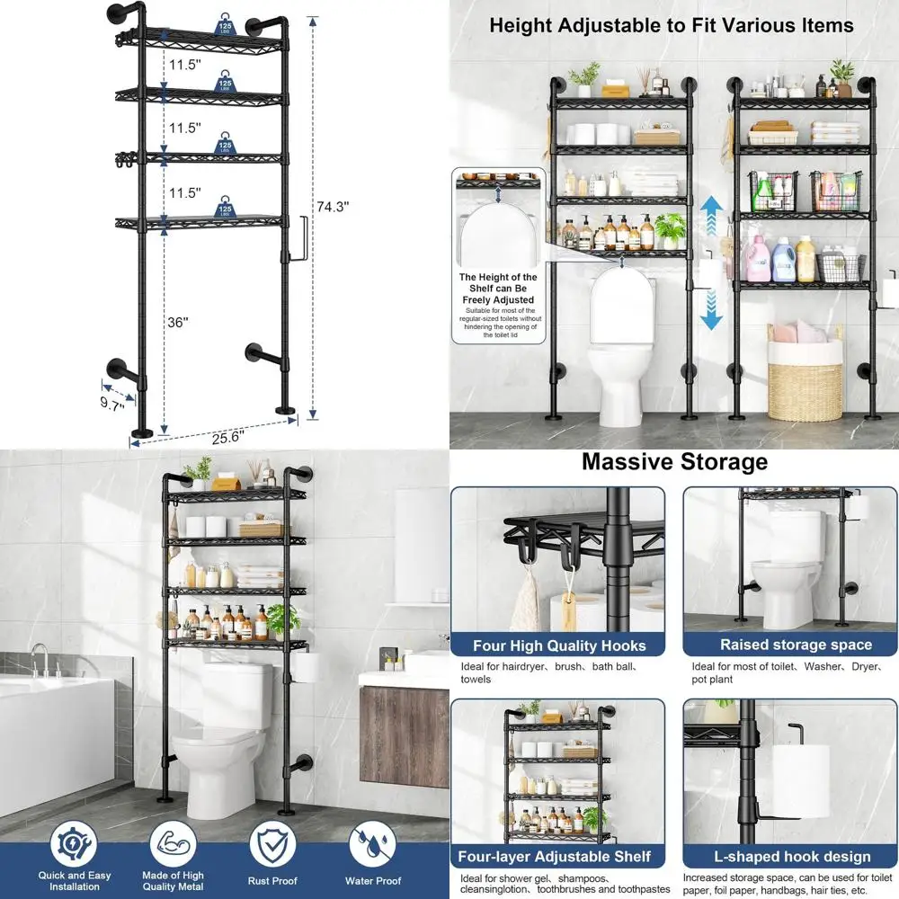 

Black 4-Tier Metal Over Toilet Storage Rack with Paper Hook and Adjustable Shelf, 9.7D x 25.6W x 74.3H