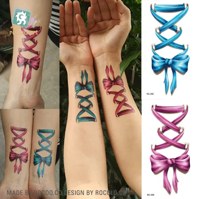 Colorful Bow Temporary Tattoo Sticker Cute Pink Bowknot Water Transfer Fake Tattoo Blue Taty Red Tatuagem For Lady Girl Woman