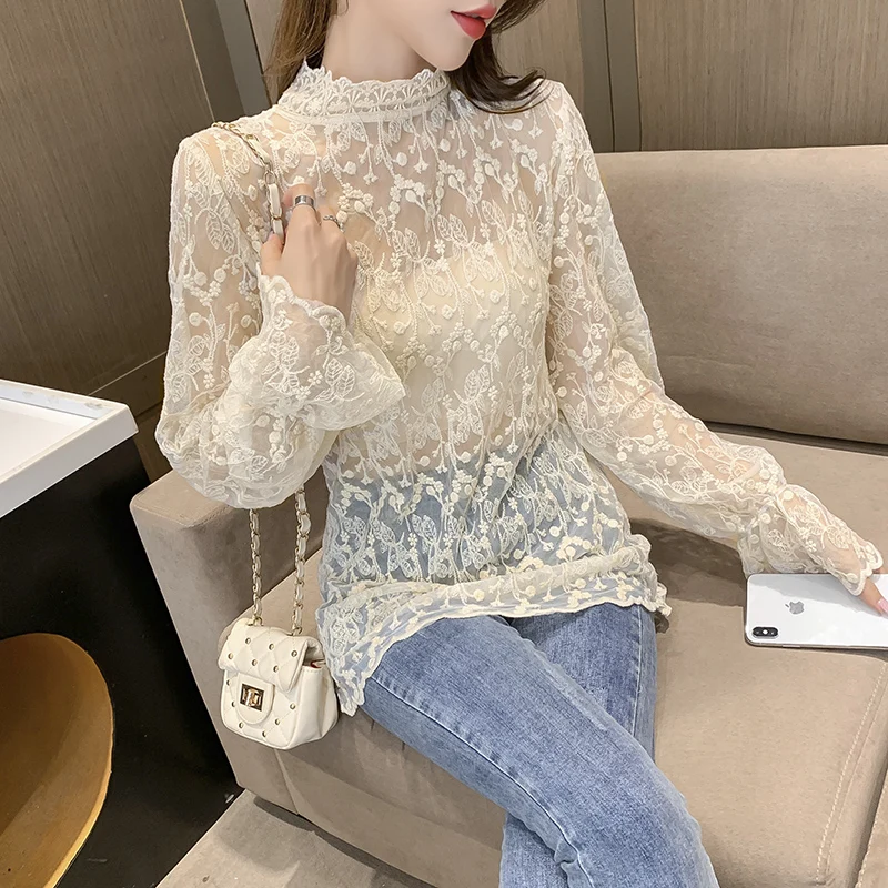 Women Lace Shirt Spring Autumn Long Sleeve Half High Collar Translucent Mesh Bottoming Shirts Female Sexy