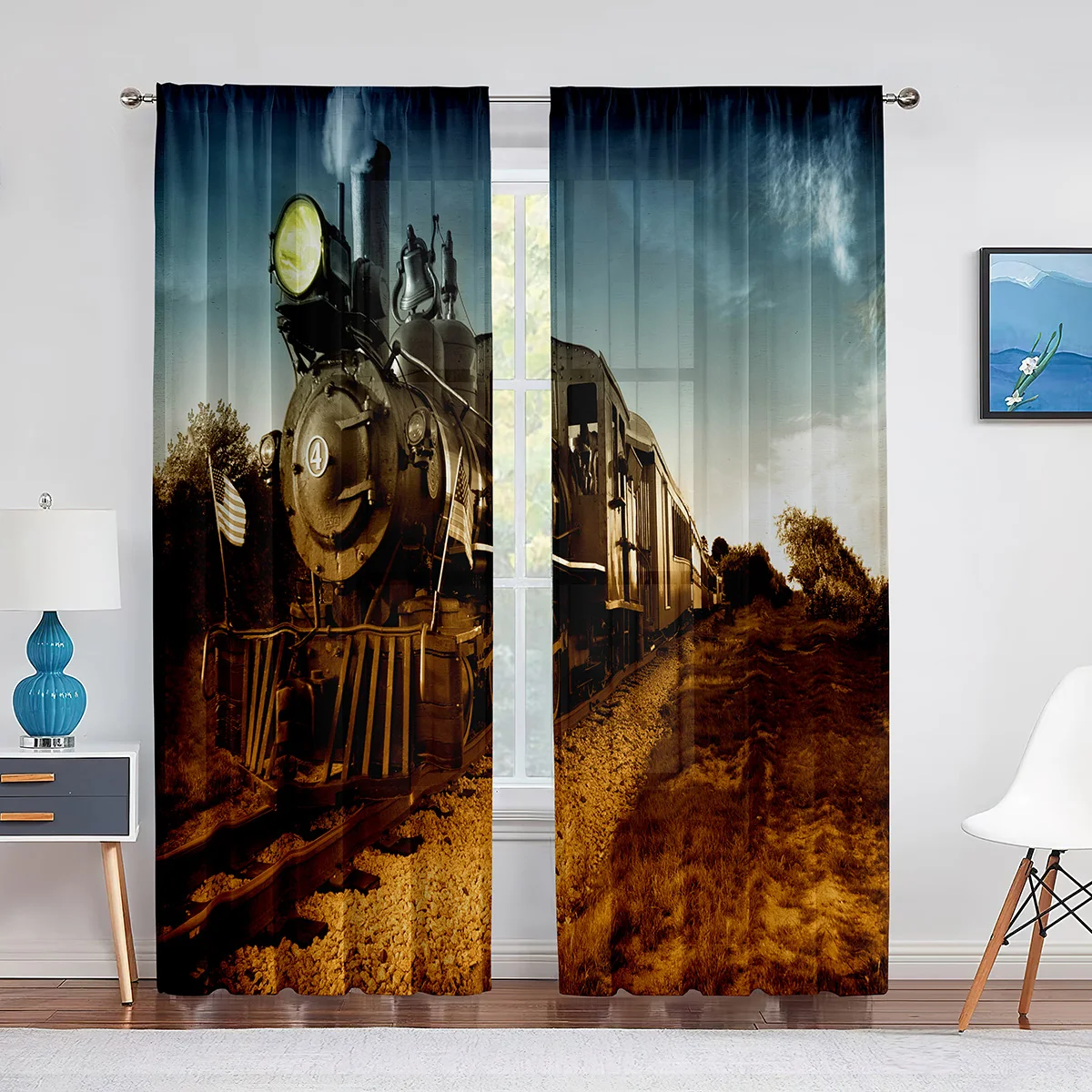 Vintage Industrial Steam Engine Railway Tulle Curtains for Living Room Bedroom Decor Chiffon Sheer Voile Kitchen Window Curtain