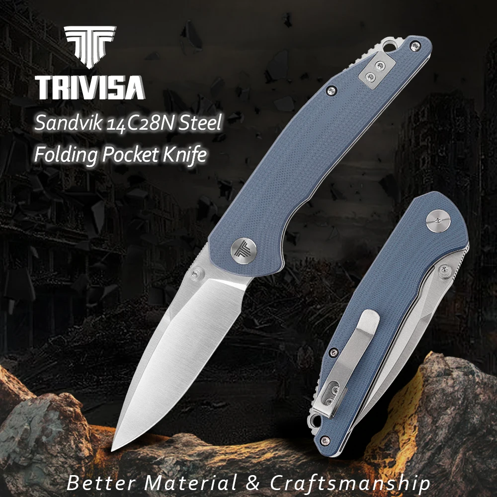 

TRIVISA G10 Knife，Folding Pocket Knife for Men，EDC Knife with Clip for 14C28N Steel Satin Blade，Thumb Stud Open，Camping Tool