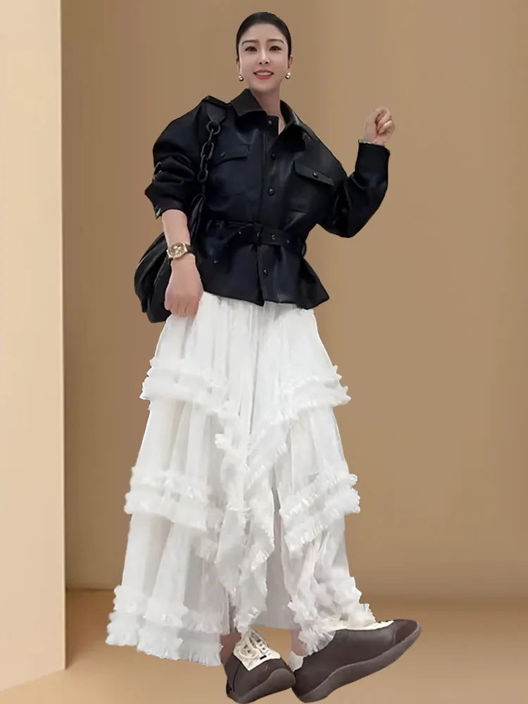 

Korean Style Casual Leather Jacket Women's Spring Autumn New Waist-Cinching Outerwear Mesh Half-length Skirt Two-piece Set