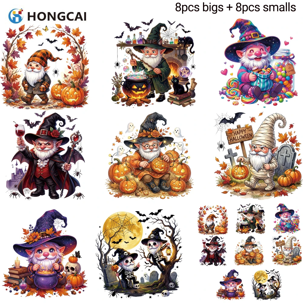 8 large + 8 small Halloween gnome DTF transfers, steady color, wash durable for clothes, bags & fabric crafts