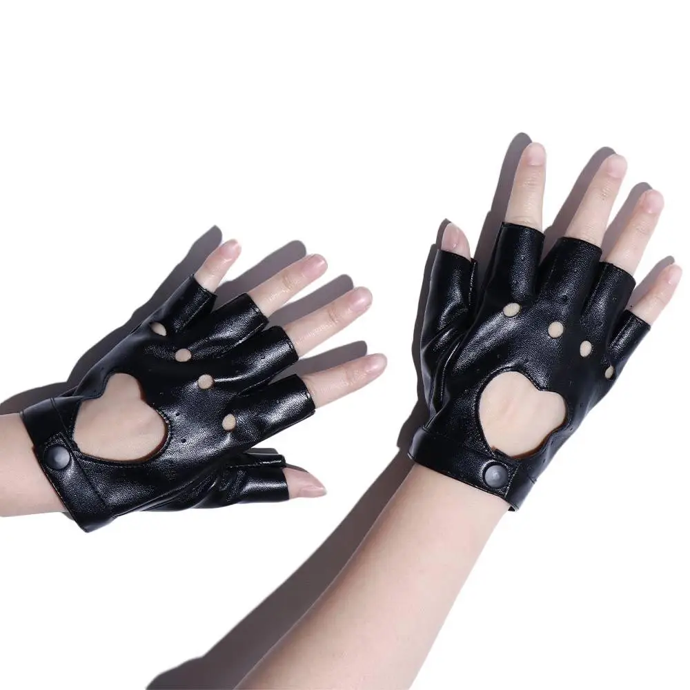 Party Performance For Girls Punk Black White Heart Women Gloves Korean Anime Mittens Half Finger Gloves PU Leather