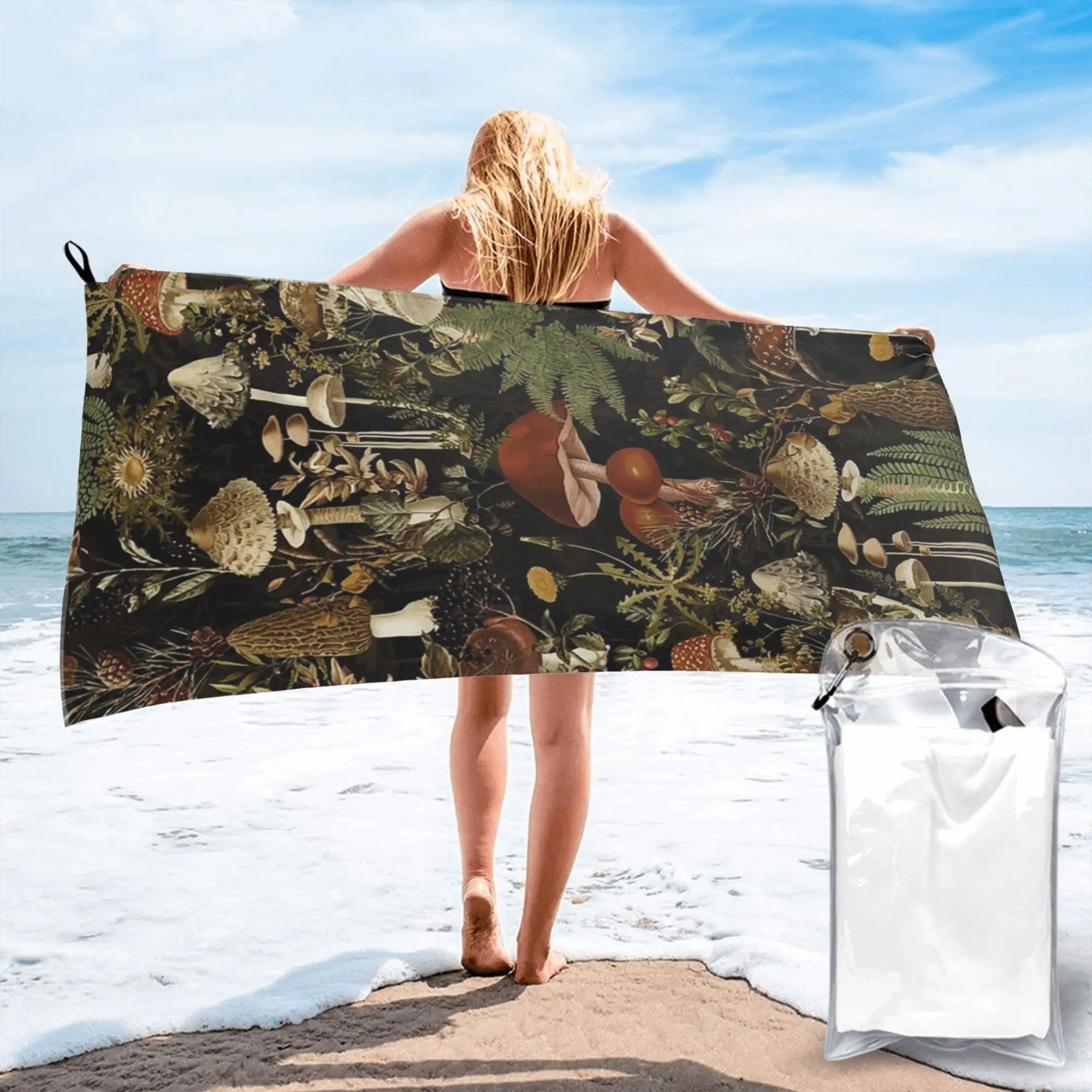 Midnight Mushrooms Forest Botanical Night Garden Beach Towel Soft Microfiber Quick Dry Absorbent Quick Towels For Pool