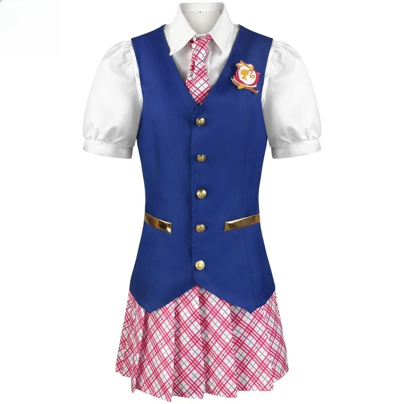 

Anime School Uniform Cosplay Set - Blue Vest & Pink Plaid Skirt with Badge Accents Cute Student Character Attire for Anime Event