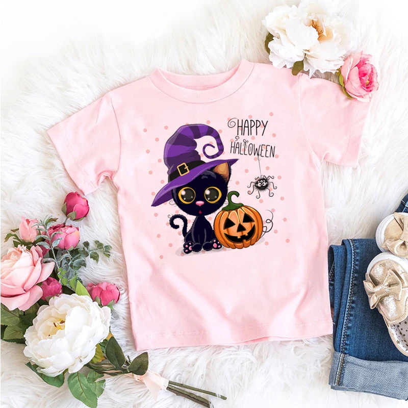 Newly Halloween T Shirt Kawaii Cat Cartoon Print White T-shirt Baby Cute Tops Tee Girls Tshirt Pumpkin Present Clothes Drop Ship