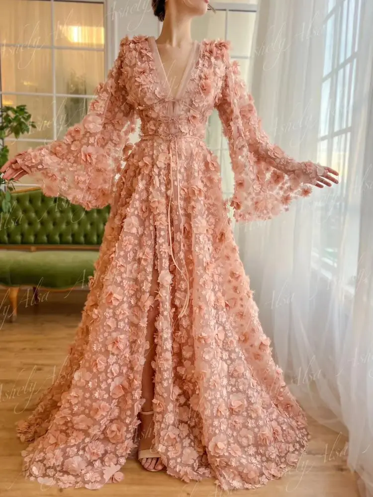 Custom Made Luxury Coral 3D Flower Prom Party Dresses With Puffy Long Sleeve Slit Formal Wedding Occasion Gown Evening Dress