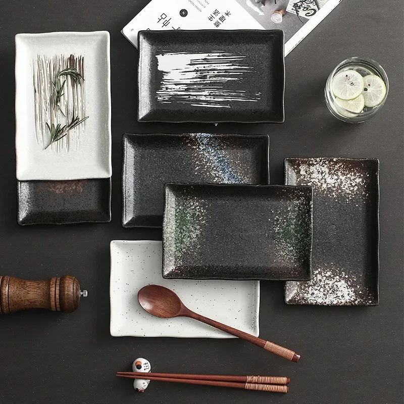 LingAo-Japanese Simple Stone Grain Ceramic Rectangular Sushi Plate, Dim sum Plate, Hotel Personality
