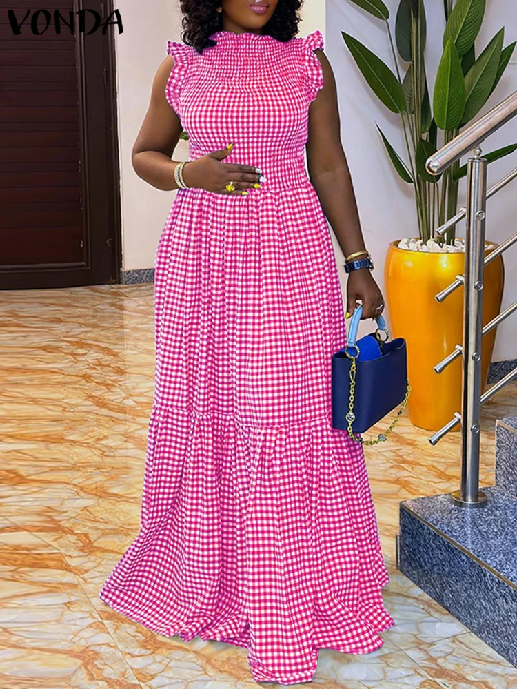 VONDA 2025 Letnia Sukienka Maxi w Kratę Damska Plisowana Długa Sukienka Letnia Boho Bez Rękawów na Imprezę Vestido Z Paskiem Casualowa Sukienka z Falbankami