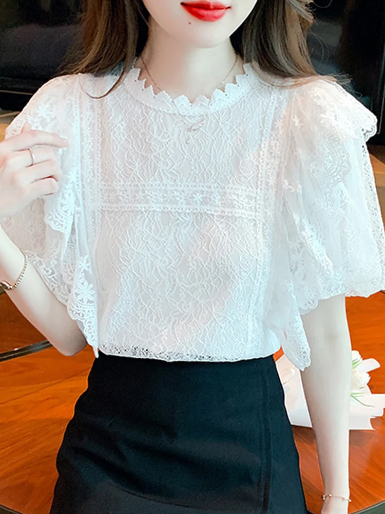 Summer Women Tops Short Sleeve Blouse Women Blusas Mujer De Moda 2024 Verano O-Neck Ruffles Lace Blouse Shirt Women Blouses G488