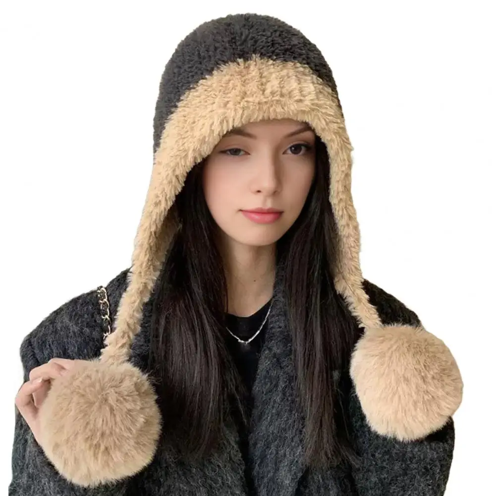 Patchwork Color Hat Knitted Hat with Plush Ball Pom Pom Elastic Construction Winter Breathable Windproof Outdoor Adventure