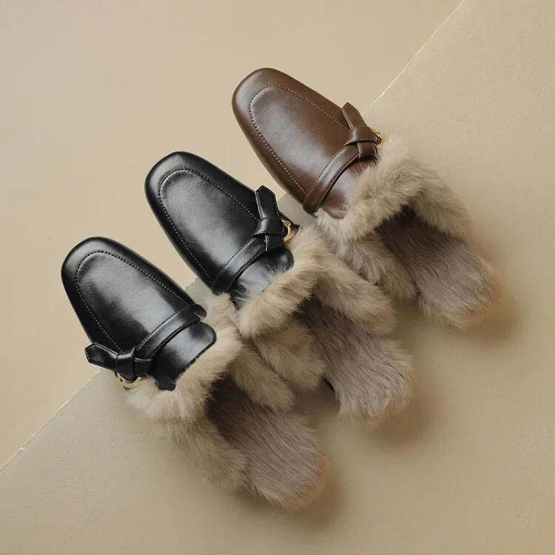 

New Black Brown Autumn Winter Warm Rabbit Fur Slippers Women's Fashion Comfortable Low Heel Belt Buckle Warm Cotton Slippers 41