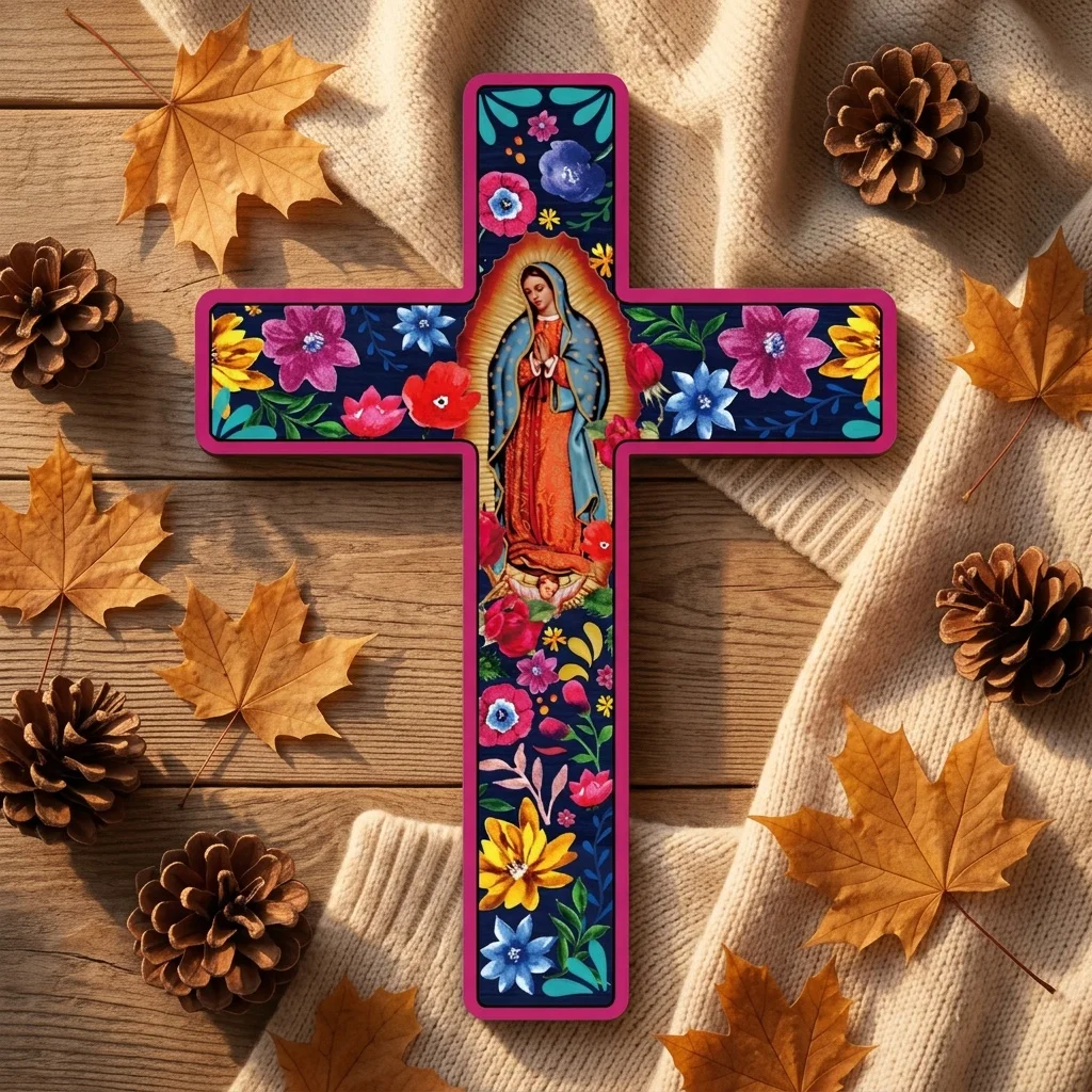 Mexican Floral Wooden Cross Wall Plaque, Colorful Folk Art Wood Cross, Religious Our Lady of Guadalupe Wall Hanging Decor