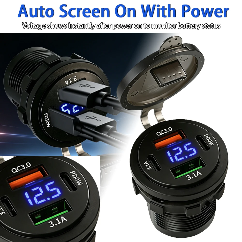 

4 Ports PD30W QC3.0 3.1A USB Car Charger Socket With Digital Voltmeter Waterproof Marine 12V - 24V Motorcycle Boat Power Outlet