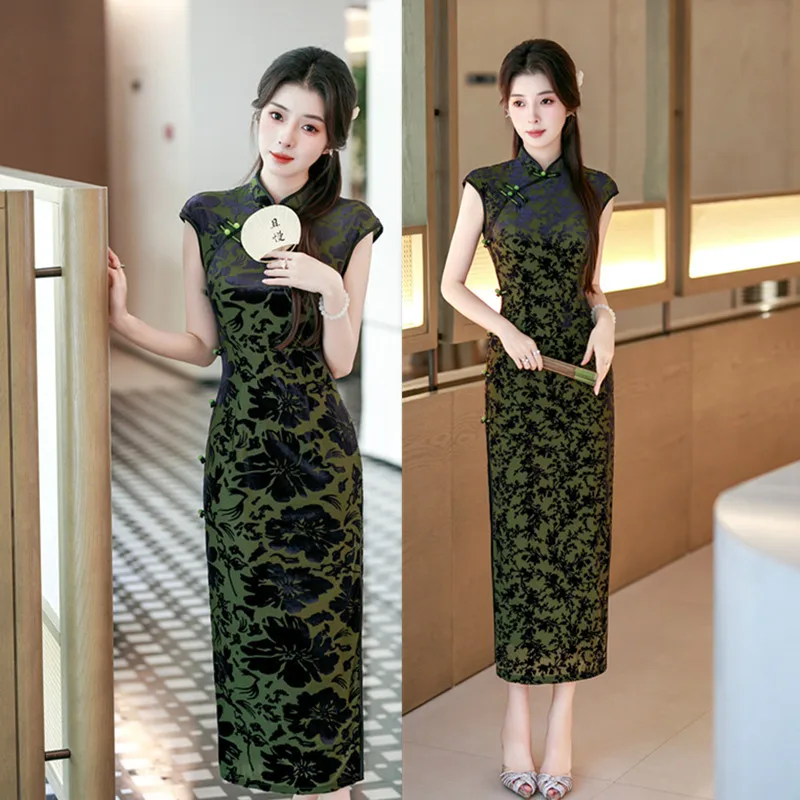 Green New Chinese Style Long Plush Double-layer Cheongsam 2026 Autumn New High-end Banquet Women Qipao Dress
