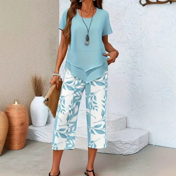 Summer Print Short Sleeve High Waist Shorts Set Women's 2-Piece