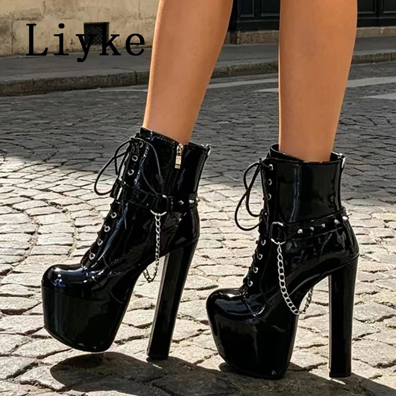 Liyke Autumn Winter Fashion Chain Lace Up Women Platform Boots Sexy Extreme High Heels Party Stripper Pole Dance Shoes Size 45