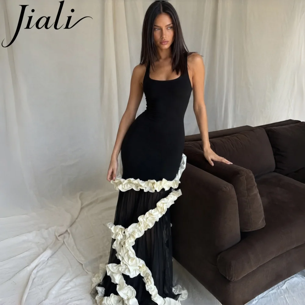 Jiali Customized Women Square Collar Spaghetti Strap Ruffles Patchwork Maxi Bandage Dress Celebrity Elegant Evening Party Gowns