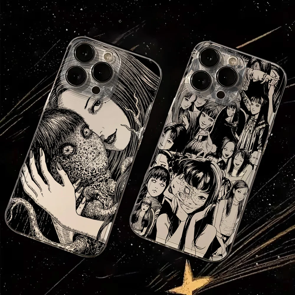 جراب هاتف Junji Ito Horror Manga Tomie لهاتف iPhone 16e 16 15 14 13 12 11 Mini Pro Max X XR XS Max 7 8 Plus شفاف ناعم من مادة البولي يوريثان