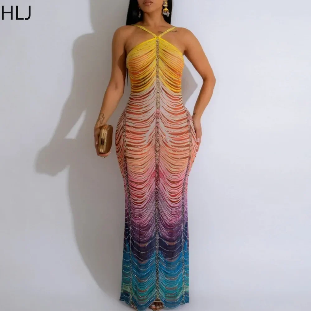 

HLJ Fashion Gradient Rhinestone Halter Long Dresses 2024 Women Backless Slim Party Club Vestidos Female Sleeveless Dress Clothes