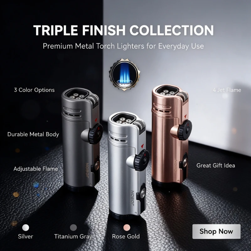 Outdoor Windproof JOBON Butane Gas Lighter,4 Jet Turbo Torch Design, Built-in Cigar Punch,Adjustable Flame,Ideal Present for Men