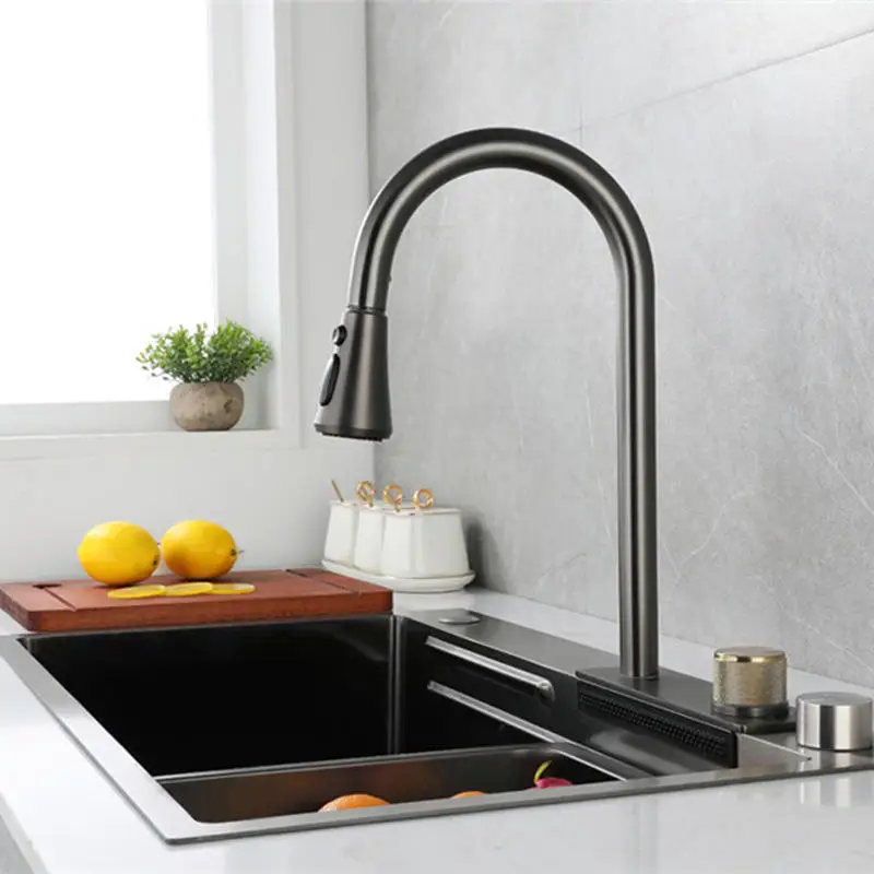 Hot Sale Brushed Kitchen Sink Silver Multifunction Luxury Sinks Kitchen China Smart Waterfall Kitchen Sink Set