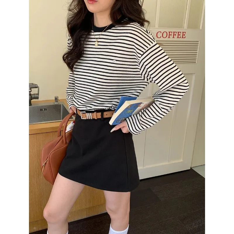 Lazy Atmosphere Korean Contrasting Striped Round Neck Loose Long Sleeved T-shirt