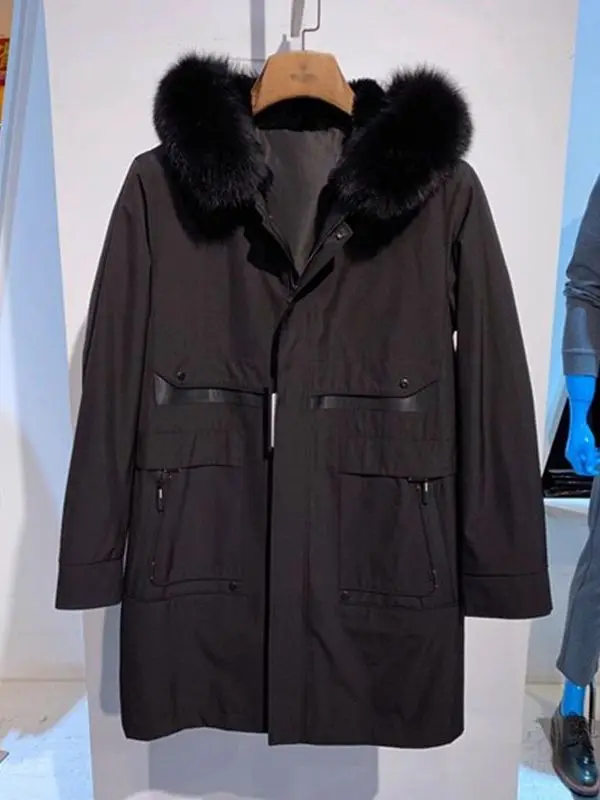 

Men's Winter Coat Hooded Zipper Rabbit Fur Removable Inner Medium Length Casual Sle Whole Skin Straight Tube pe