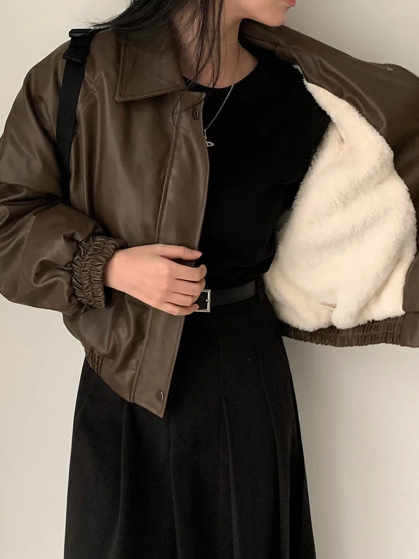 Chic Autumn Winter Fleece Lined Short Jacket Women's Loose Long Sleeve Zipper Collar PU Leather Coat Stylish Versatile Outerwear