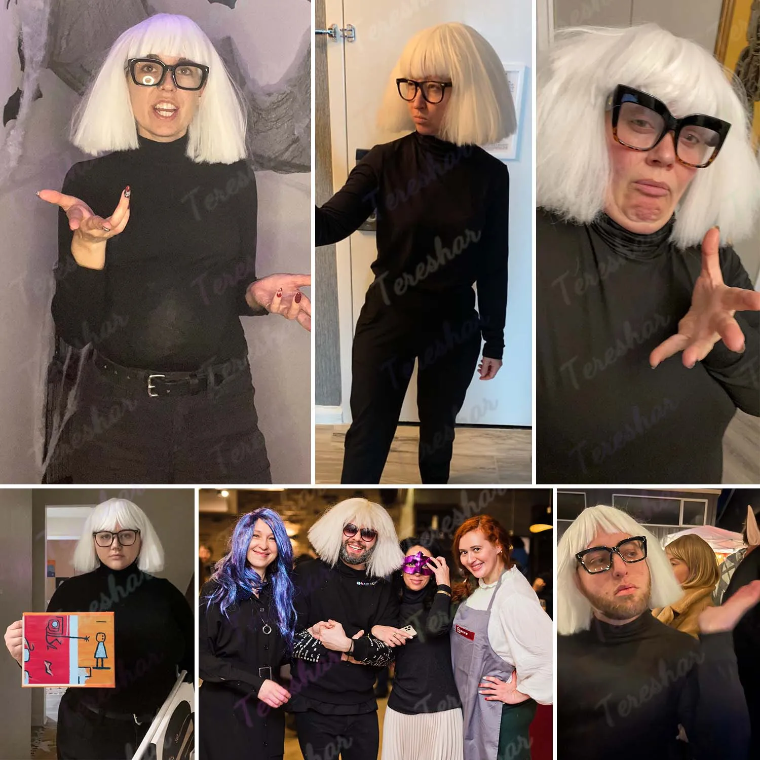 Synthetic White Bob Wig with Bangs for Women Men,Gabologian Yaki Bob Wig+Glasses Frame,Lady Gaga Wig for Halloween Cosplay Party