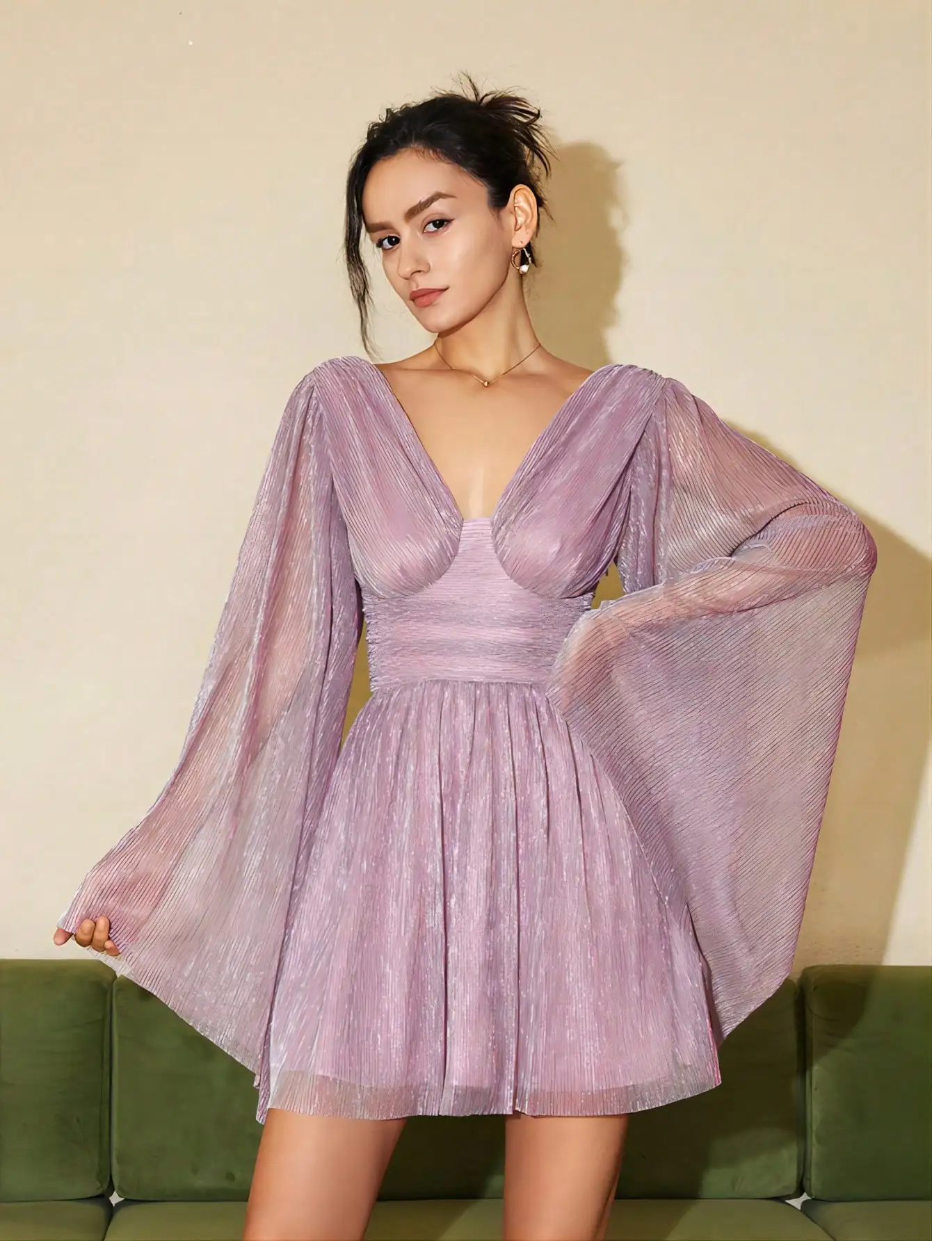 AEL Lady Fashion Casual Elegant Sexy Outfits Plunging Neck Bell Sleeve Glitter Dress Woman Chic A Line Dress