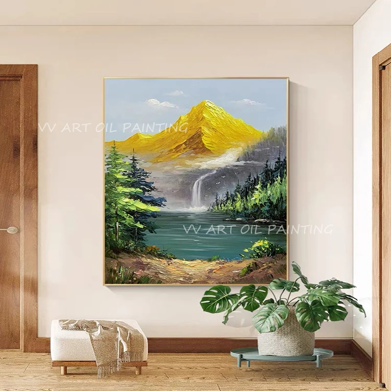 100% Handmade Oil Painting Gold Foil Mountain Top Landscape Abstract Wall Picture Nordic Art Living Room Home Decor Frameless