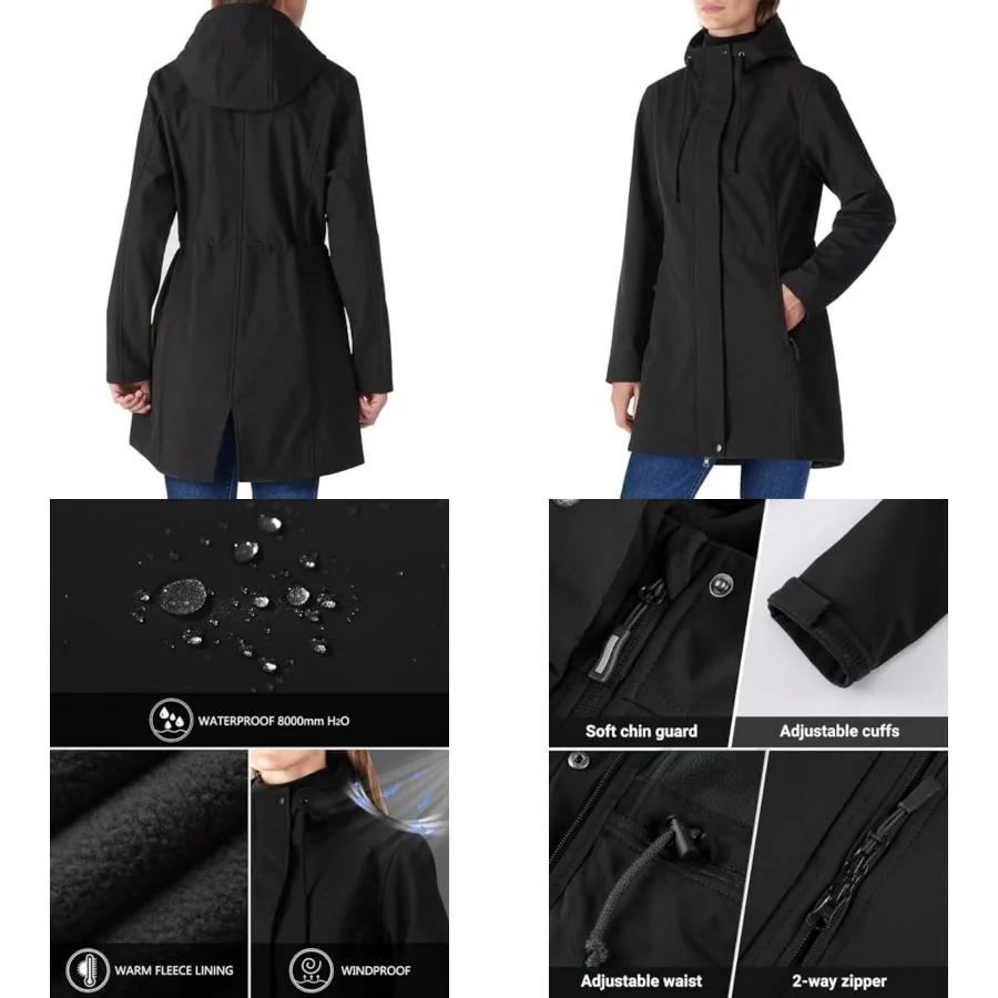 Women's Lightweight Waterproof Fleece Lined Hooded Softshell Rain Jacket, Warm Windbreaker Long Coat