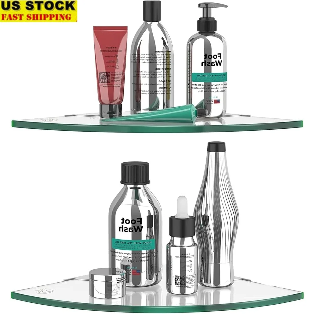 

2 Tier Glass Corner Shelf Shower Caddy Adhesive Organizer Tempered Glass Bathroom Storage Wall Shelf Durable Rustproof Brackets