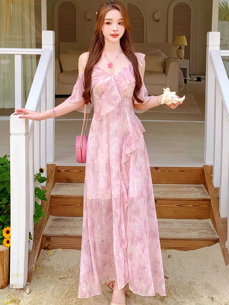 

Women Pink Print Ruffled Sling Sexy Long Dress 2026 Korean Elegant Casaul Holiday Dress Summer Fashion Bodycon Festival Vestidos