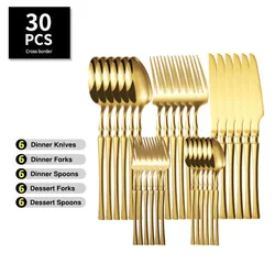 30pcs Glossy Gold Dinnerware Set Stainless Steel Tableware Knife Tea Fork Coffee Spoon Flatware Dishwasher Safe Dinner Cutlery