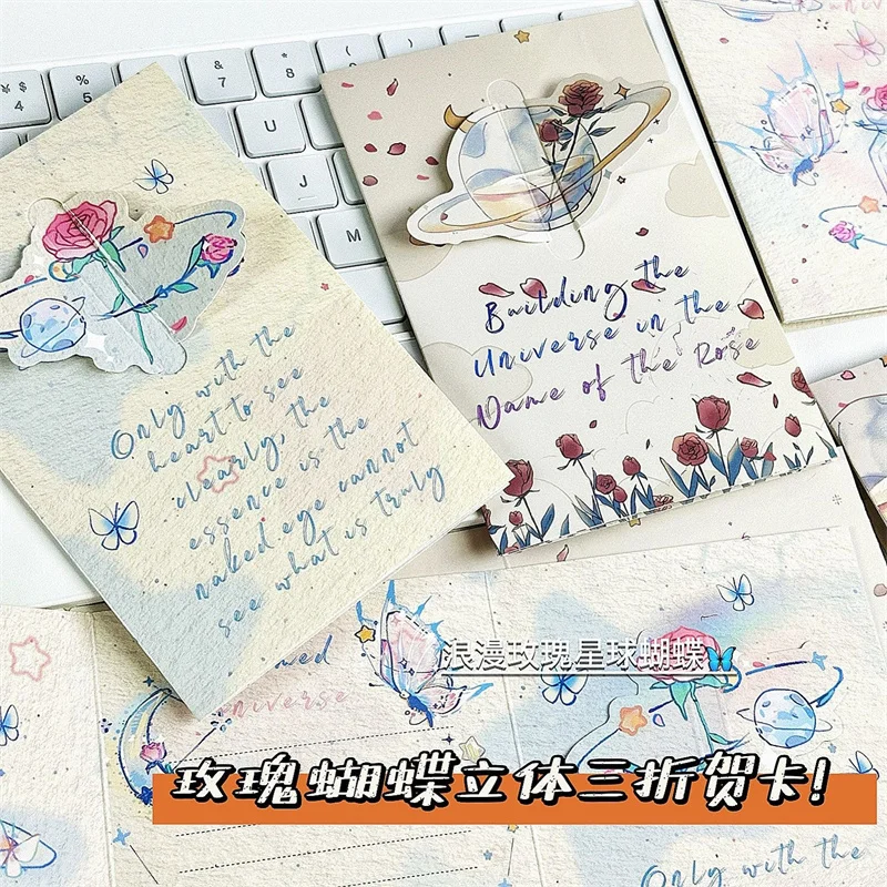 3D Butterfly and Rose Greeting Card Ins Vintage Tri-Fold Card with Handwritten Messages Perfect for Best Friends and Couples