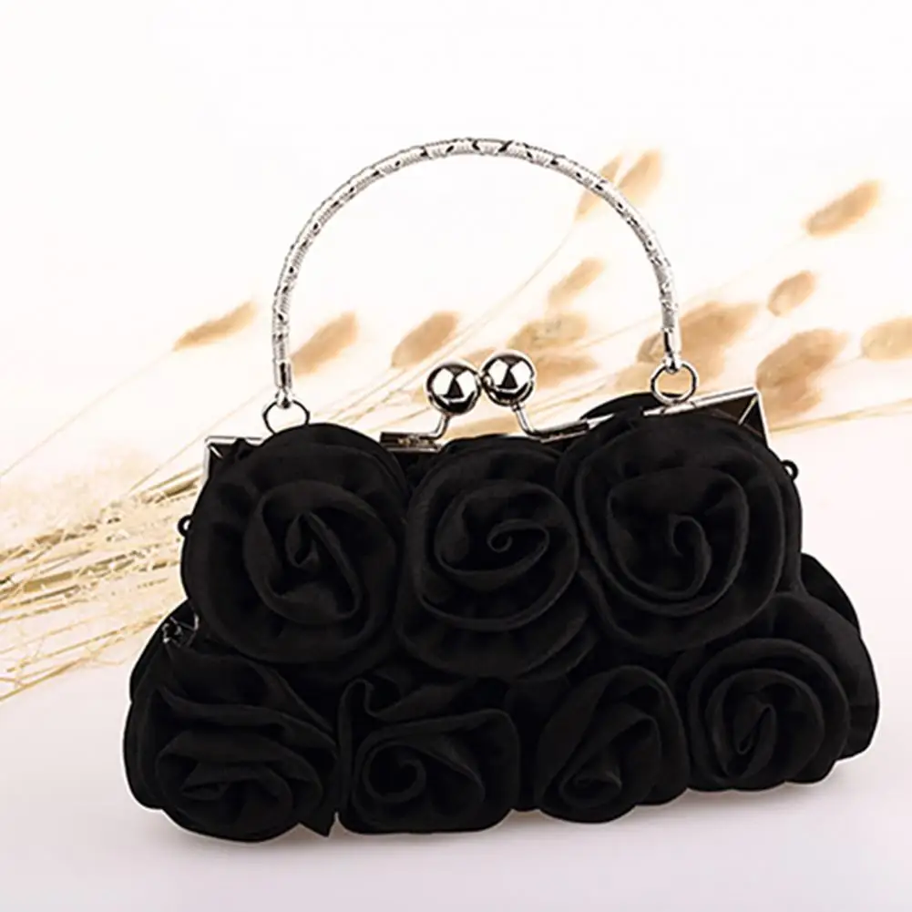 Women Girls Silk Rose Flower Handbag Wedding Bridal Clutch Bag Metal Chain Shoulder Bag Lady Crossbody Bags Purse Chic Tote Bag