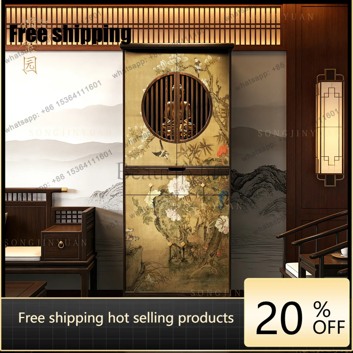LX solid wood floral and bird Buddhist niche cabinet, household standing cabinet, living room storage entryway cabinet