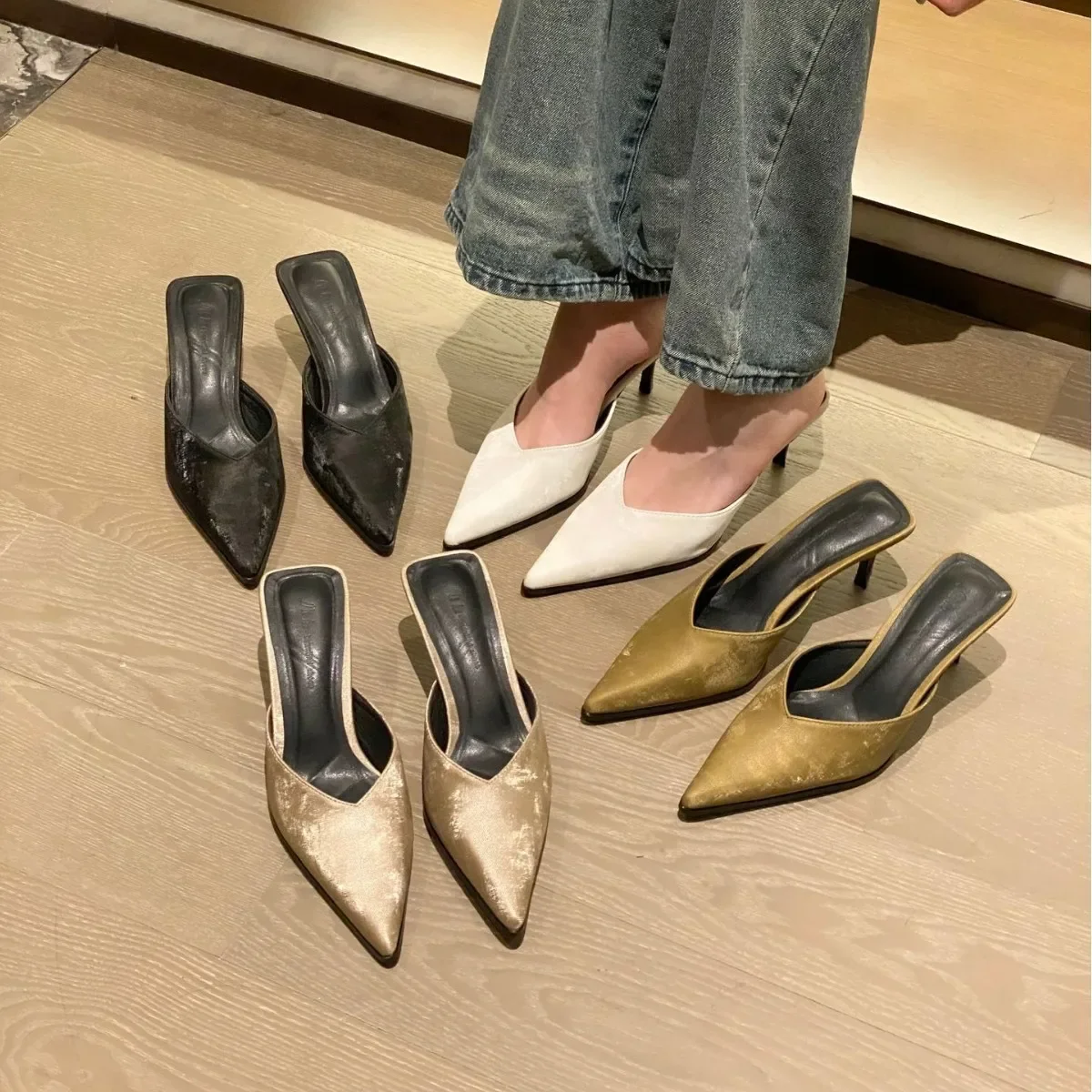 New Slimming Pointed Toe Fin Heeled V-Mouth Mule High-Heeled Elegant Leather-Soled Women's Outerwear Slippers