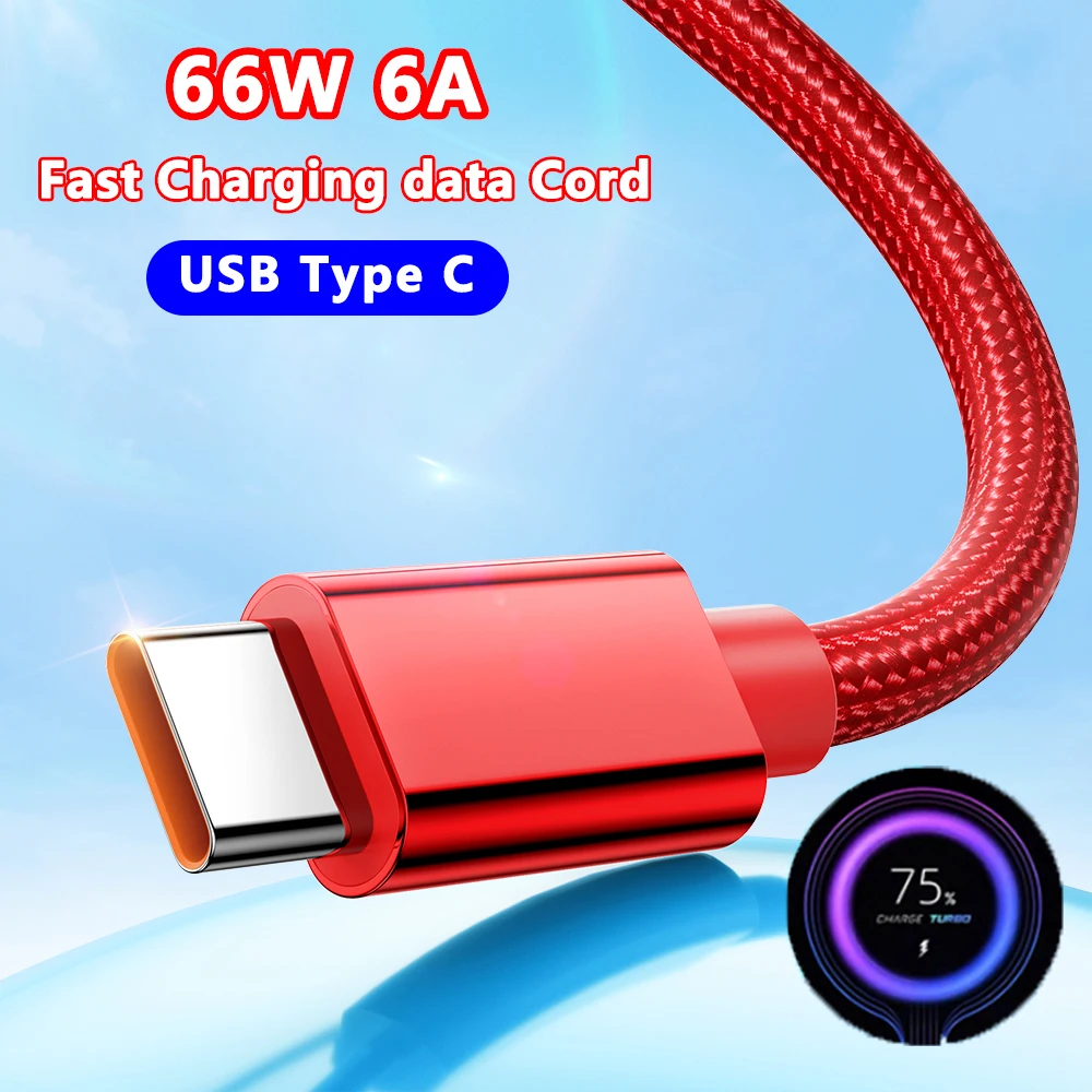66W 6A USB Type C Cable Fast Charging Cord Nylon Braided For Samsung S24 Xiaomi 13 Huawei Android Phone Charging data USB C line