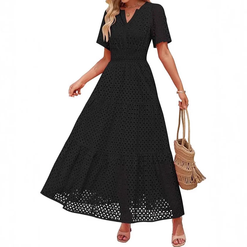 2025 Women's Clothing 2025 New Fashion Elegant V-neck A-line Hollow Lace Cake Dress Vestidos De Mujer