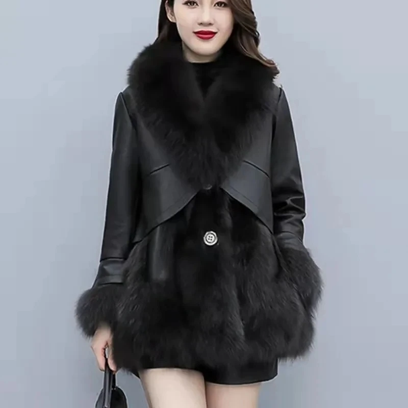 Fur Coat Women Jacket Coat 2024 Winter New Leather Jacket Slim Mid-length Fox Fur PU Leather Coat Stitching Haining Coat