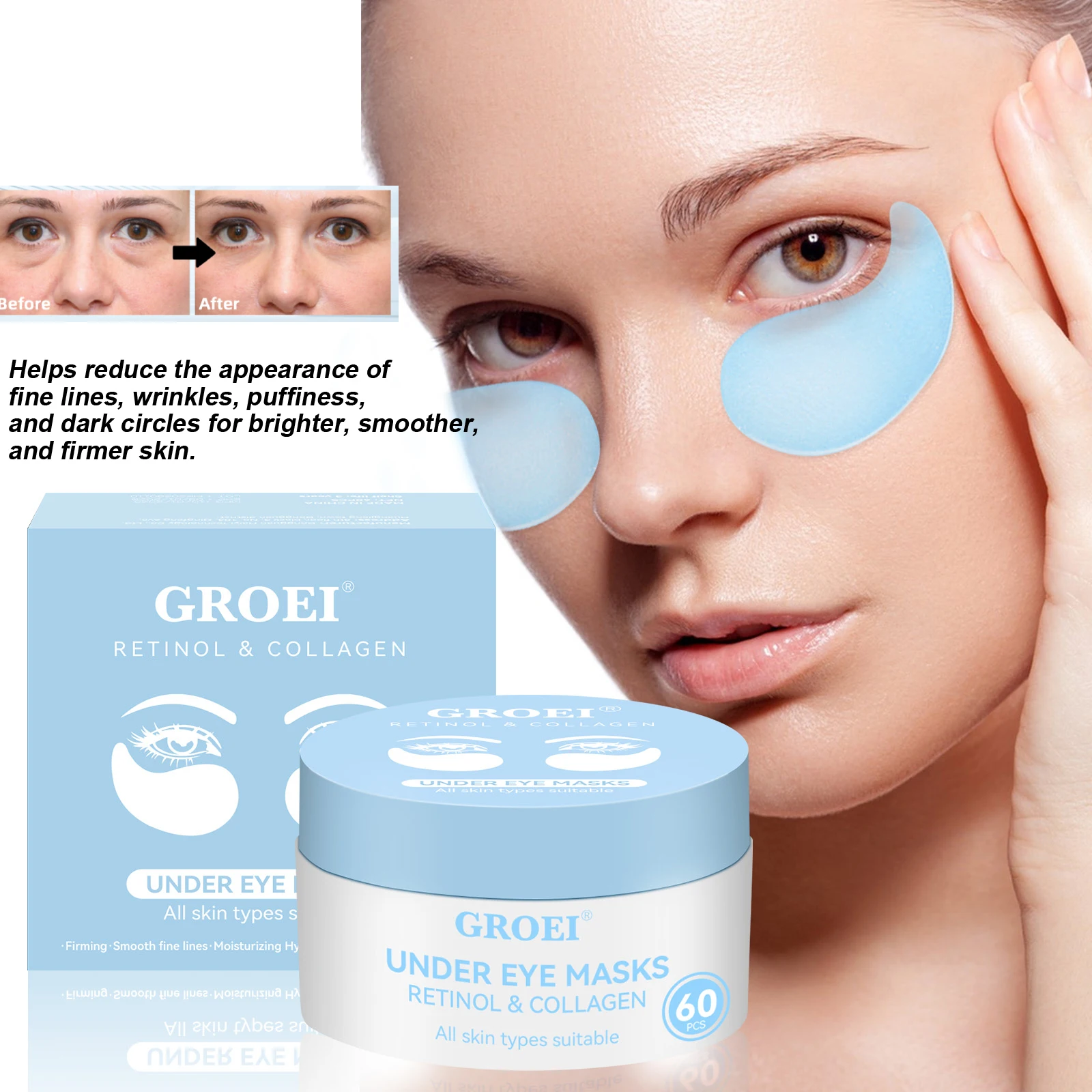 Mascarillas de Retinol y colágeno debajo de los ojos, 60 parches hidratantes para los ojos con ácido hialurónico y vitamina E para todo tipo de piel, nuevo de 2025
