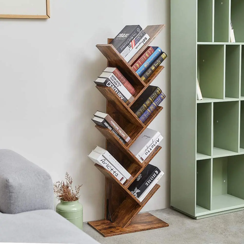 Industrial 9-shelf tree bookshelf, floor standing tree bookcase bookshelves storage rack in home and office