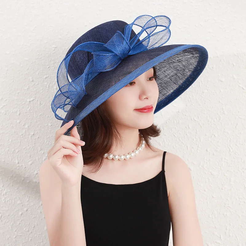 

2021 New White British Elegant Temperament Retro Wide Brim Top Hat Philippine Hemp Yarn Hat Wedding Blue Banquet Hat Wholesale