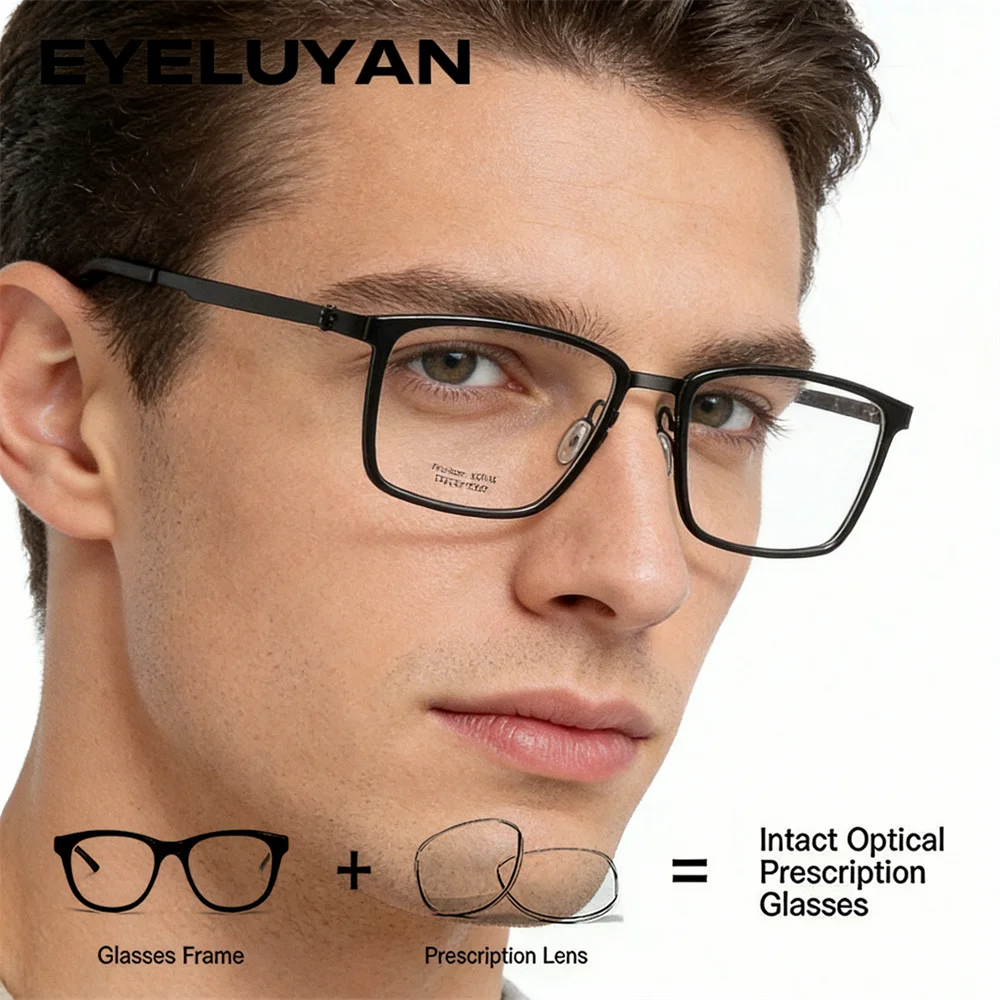 

EYELUYAN Men's Ultralight Titanium Square Full-Rim Prescription Glasses Myopia Eyeglasses Clear Optical Spectacles