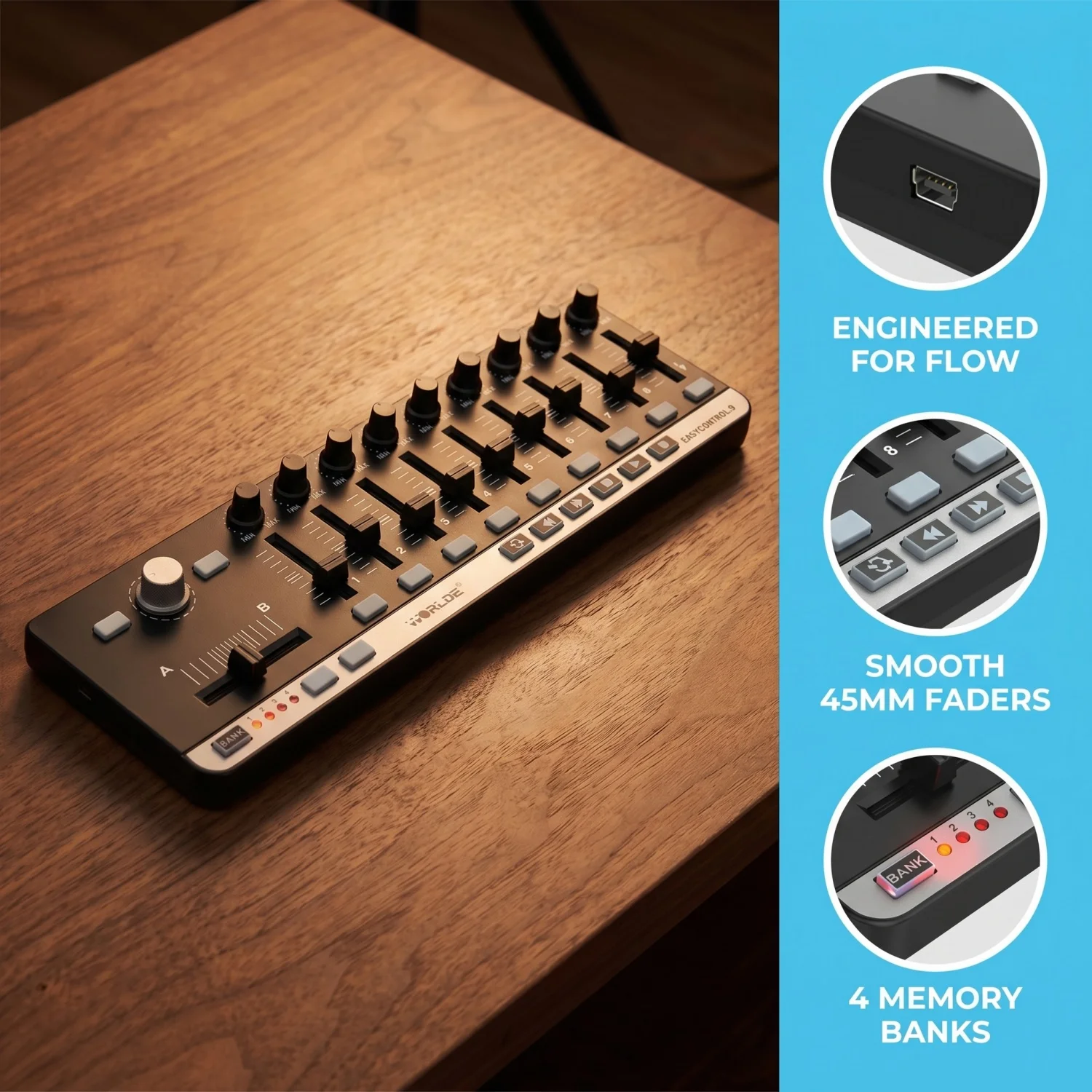 Worlde EasyControl.9 MIDI Controller – 9 Assignable Knobs/Sliders
