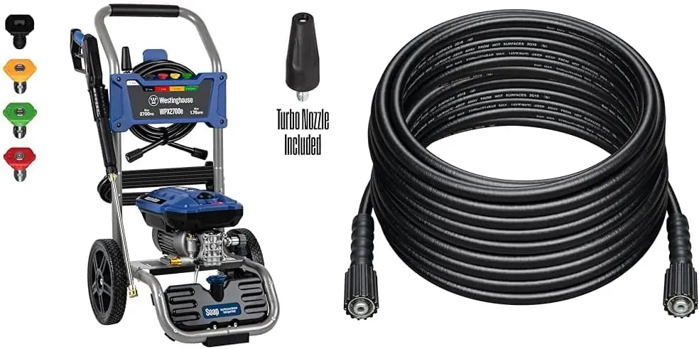 

Electric Pressure Washer, 2700 PSI and 1.76 Max GPM & 50 ft PVC Pressure Washer Hose - 3200 Max PSI - for Gas and Electric Press